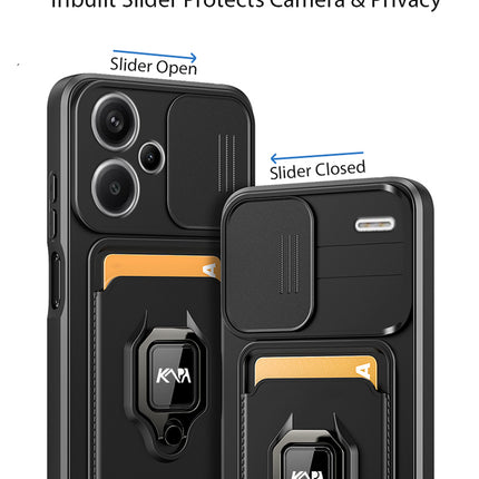 Kapa Bisen Back Cover for Redmi Note 13 Pro Plus (5G) | Inbuilt Camera Slider Ring Stand and Card Pocket Shockproof Slim Bumper Back Case (Black)