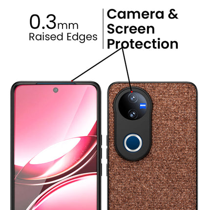 Mobizang Soft Fabric & Leather Hybrid Protective Back Cover for Vivo V50 5G | Shockproof Slim Hard Anti Slip Back Case (Brown)