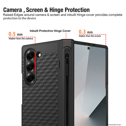 Mobizang Geometric S Pen Holder Hinge Protection Back Cover for Samsung Galaxy Z Fold6 / Fold 6 | Slim Shock proof Case with Inbuilt Glass & S Pen Slot (Black)