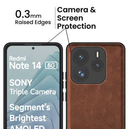 Mobizang Tux Leather Back Cover for Redmi Note 14 (5G) | Slim Shockproof Camera Protection Bumper Case (Brown)