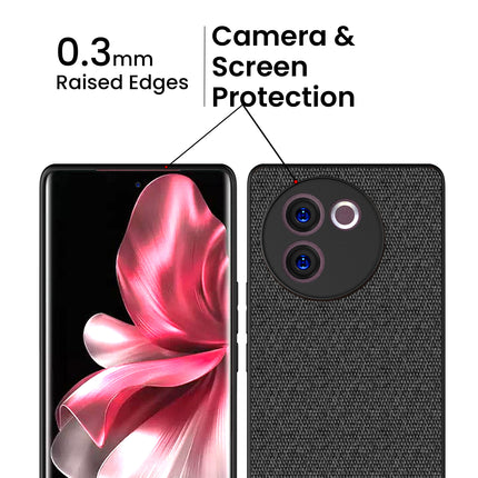 Mobizang Soft Fabric & Leather Hybrid Protective Back Cover for Vivo V30E (5G) | Shockproof Slim Hard Anti Slip Back Case (Black,Brown)