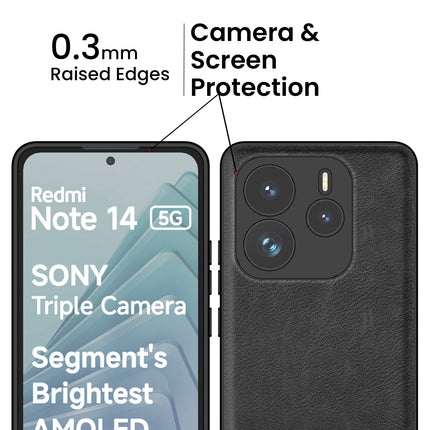 Mobizang Tux Leather Back Cover for Redmi Note 14 (5G) | Slim Shockproof Camera Protection Bumper Case (Black)