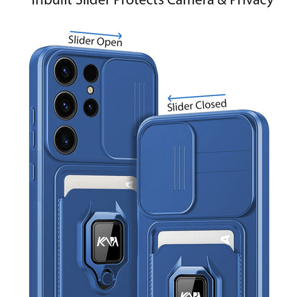 Mobizang Bisen Back Cover for Samsung Galaxy S25 Ultra | Inbuilt Camera Slider Ring Stand and Card Pocket Shockproof Slim Bumper Back Case (Blue)