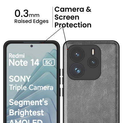 Mobizang Tux Leather Back Cover for Redmi Note 14 (5G) | Slim Shockproof Camera Protection Bumper Case (Grey)