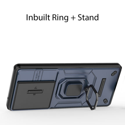 Mobizang Armor Slider Back Cover for OnePlus 12R | Inbuilt Ring + Camera Slider Shockproof Lens Protection Bumper Back Case (Blue)