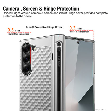 Mobizang Geometric S Pen Holder Hinge Protection Back Cover for Samsung Galaxy Z Fold6 / Fold 6 | Slim Shock proof Case with Inbuilt Glass & S Pen Slot (Silver)