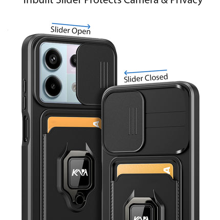 Kapa Bisen Back Cover for Redmi Note 13 Pro (5G) | Inbuilt Camera Slider Ring Stand and Card Pocket Shockproof Slim Bumper Back Case (Black)