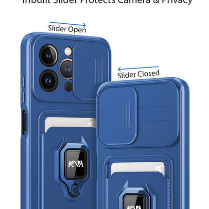 Mobizang Bisen Back Cover for Apple iPhone 16 Pro | Inbuilt Camera Slider Ring Stand and Card Pocket Shockproof Slim Bumper Back Case (Blue)