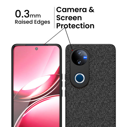 Mobizang Soft Fabric & Leather Hybrid Protective Back Cover for Vivo V50 5G | Shockproof Slim Hard Anti Slip Back Case (Black,Brown)