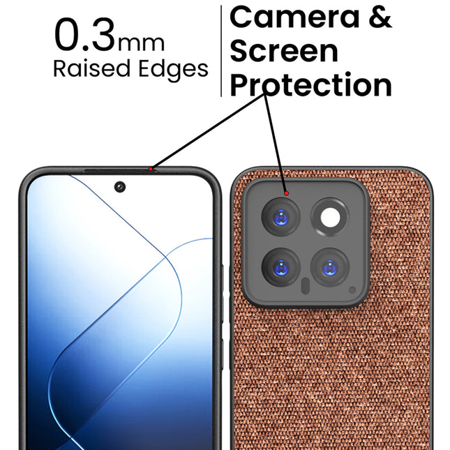 Mobizang Soft Fabric & Leather Hybrid Protective Back Cover for Xiaomi 14 (5G) | Shockproof Slim Hard Anti Slip Back Case (Brown)