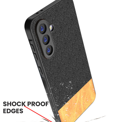 Mobizang Soft Fabric & Leather Hybrid Protective Back Cover for Samsung Galaxy A56 | Shockproof Slim Hard Anti Slip Back Case (Black,Brown)