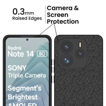 Mobizang Soft Fabric & Leather Hybrid Protective Back Cover for Redmi Note 14 (5G) | Shockproof Slim Hard Anti Slip Back Case (Black,Blue)