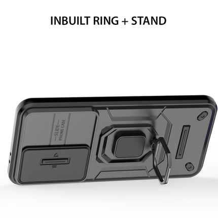 Mobizang Armor Slider Back Cover for Samsung Galaxy S25 PLUS | Inbuilt Ring + Camera Slider Shockproof Lens Protection Bumper Back Case (Black)