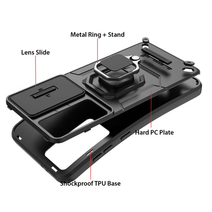 Mobizang Armor Slider Back Cover for Samsung Galaxy S24 FE | Inbuilt Ring + Camera Slider Shockproof Lens Protection Bumper Back Case (Black)