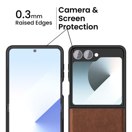 Mobizang Tux Leather Back Cover for Samsung Galaxy Z Flip 7 | Slim Shockproof Camera Protection Bumper Case (Brown)