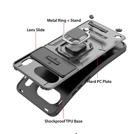 Mobizang Armor Slider Back Cover for OnePlus Nord 4 | Inbuilt Ring + Camera Slider Shockproof Lens Protection Bumper Back Case (Grey)