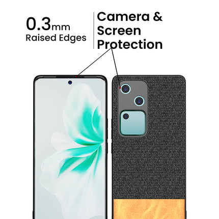 Mobizang Soft Fabric & Leather Hybrid Protective Back Cover for Vivo V30 (5G) | Shockproof Slim Hard Anti Slip Back Case (Black,Brown)