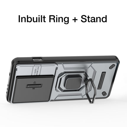 Mobizang Armor Slider Back Cover for OnePlus 13R | Inbuilt Ring + Camera Slider Shockproof Lens Protection Bumper Back Case (Grey)