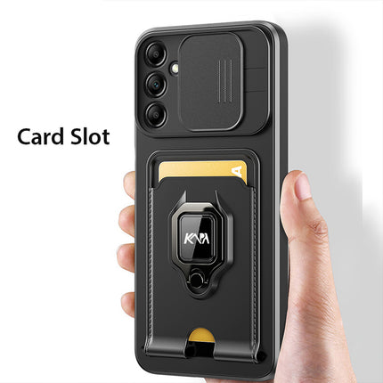 Kapa Bisen Back Cover for Samsung Galaxy A15 (5G) | Inbuilt Camera Slider Ring Stand and Card Pocket Shockproof Slim Bumper Back Case (Black)