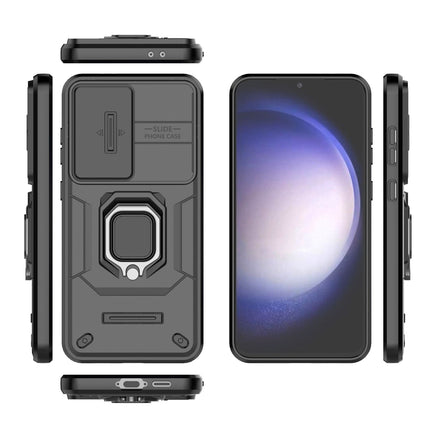 Mobizang Armor Slider Back Cover for Samsung Galaxy S24 FE | Inbuilt Ring + Camera Slider Shockproof Lens Protection Bumper Back Case (Black)
