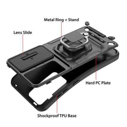 Mobizang Armor Slider Back Cover for Samsung Galaxy S25 | Inbuilt Ring + Camera Slider Shockproof Lens Protection Bumper Back Case (Black)