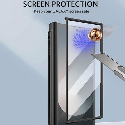 Mobizang Geometric S Pen Holder Hinge Protection Back Cover for Samsung Galaxy Z Fold6 / Fold 6 | Slim Shock proof Case with Inbuilt Glass & S Pen Slot (Black)