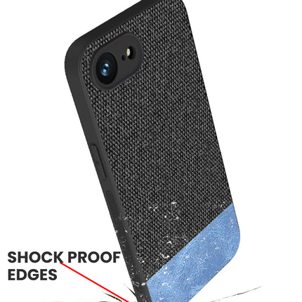 Mobizang Soft Fabric & Leather Hybrid Protective Back Cover for Apple iPhone 16E | Shockproof Slim Hard Anti Slip Back Case (Black,Blue)