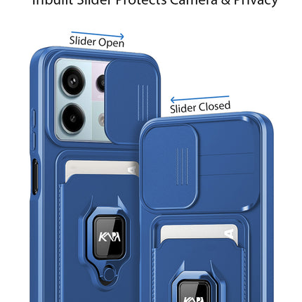 Kapa Bisen Back Cover for Redmi Note 13 Pro (5G) | Inbuilt Camera Slider Ring Stand and Card Pocket Shockproof Slim Bumper Back Case (Blue)