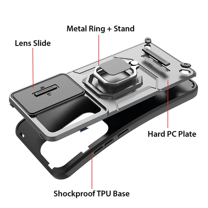 Mobizang Armor Slider Back Cover for Oppo Reno 12 Pro (5G) | Inbuilt Ring + Camera Slider Shockproof Lens Protection Bumper Back Case (Grey)