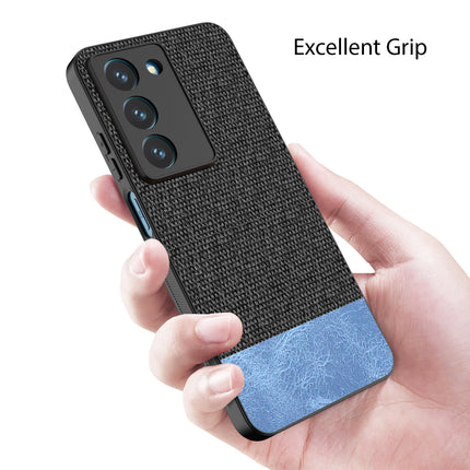 Mobizang Soft Fabric & Leather Hybrid Protective Back Cover for Realme 14X | Shockproof Slim Hard Anti Slip Back Case (Black,Blue)