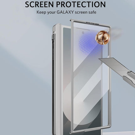 Mobizang Geometric S Pen Holder Hinge Protection Back Cover for Samsung Galaxy Z Fold6 / Fold 6 | Slim Shock proof Case with Inbuilt Glass & S Pen Slot (Silver)