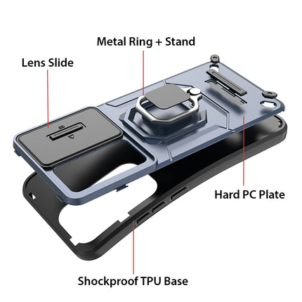 Mobizang Armor Slider Back Cover for Oppo Reno 12 Pro (5G) | Inbuilt Ring + Camera Slider Shockproof Lens Protection Bumper Back Case (Blue)
