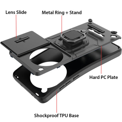 Mobizang Armor Slider Back Cover for OnePlus 12R | Inbuilt Ring + Camera Slider Shockproof Lens Protection Bumper Back Case (Black)