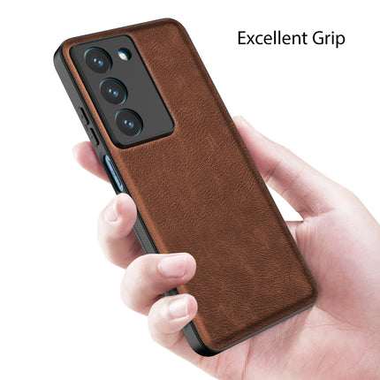 Mobizang Tux Leather Back Cover for Realme 14X | Slim Shockproof Camera Protection Bumper Case (Brown)