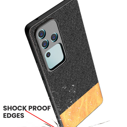 Mobizang Soft Fabric & Leather Hybrid Protective Back Cover for Vivo V30 Pro (5G) | Shockproof Slim Hard Anti Slip Back Case (Black,Brown)