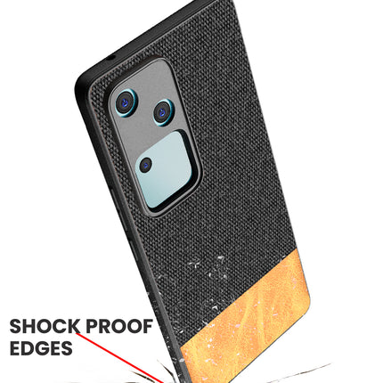 Mobizang Soft Fabric & Leather Hybrid Protective Back Cover for Vivo V30 (5G) | Shockproof Slim Hard Anti Slip Back Case (Black,Brown)
