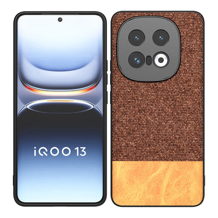 Mobizang Soft Fabric & Leather Hybrid Protective Back Cover for Iqoo 13 (5G) | Shockproof Slim Hard Anti Slip Back Case (Brown)
