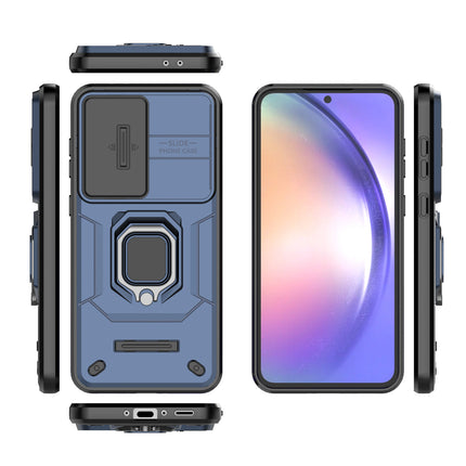 Mobizang Armor Slider Back Cover for Samsung Galaxy A36 | Inbuilt Ring + Camera Slider Shockproof Lens Protection Bumper Back Case (Blue)
