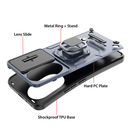 Mobizang Armor Slider Back Cover for Honor 200 Pro (5G) | Inbuilt Ring + Camera Slider Shockproof Lens Protection Bumper Back Case (Blue)