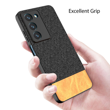 Mobizang Soft Fabric & Leather Hybrid Protective Back Cover for Realme 14X | Shockproof Slim Hard Anti Slip Back Case (Black,Brown)