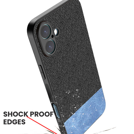 Mobizang Soft Fabric & Leather Hybrid Protective Back Cover for Apple iPhone 16 Plus | Shockproof Slim Hard Anti Slip Back Case (Black,Blue)