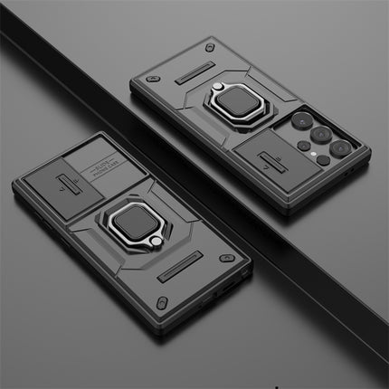 Mobizang Armor Slider Back Cover for Samsung Galaxy S24 Ultra | Inbuilt Ring + Camera Slider Shockproof Lens Protection Bumper Back Case (Black)