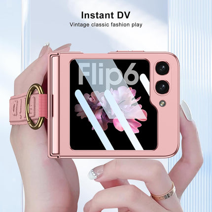 Mobizang Shockproof Band Protective Back Cover for Flip6 / Z Flip 6 | Wrist Strap Ring Kickstand Inbuilt Screen Tempered Glass Case (Pink)