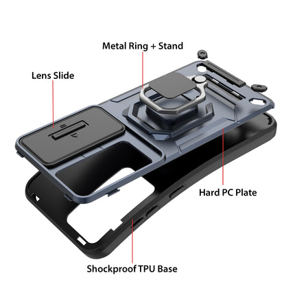 Mobizang Armor Slider Back Cover for Samsung Galaxy S25 PLUS | Inbuilt Ring + Camera Slider Shockproof Lens Protection Bumper Back Case (Blue)