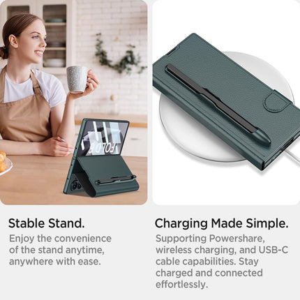 Mobizang Leather Flip Case for Samsung Galaxy Z Fold 6 | Inbuilt Fixed S Pen Holder, Slim Hybrid Stand Protection Flip Cover (GreyGreen)