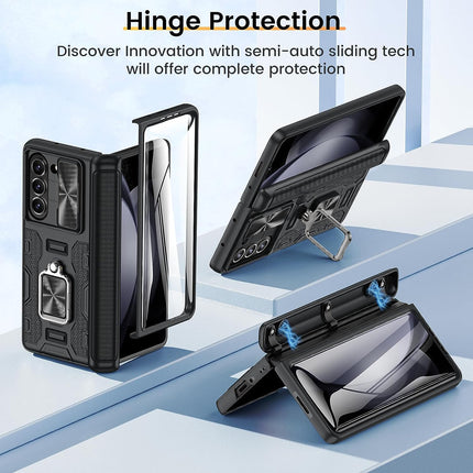 Mobizang Ring Armor Slider Back Cover for Z Fold 6 | with Hinge Protection, Screen Protector, Built-in Kickstand, Slide Camera Cover, Full Body Protective Case for Samsung Fold 5 (Black)…