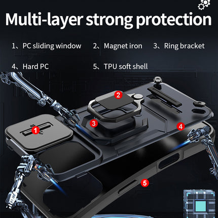 Mobizang Armor Slider Back Cover for Apple iPhone 16 Pro | Inbuilt Ring + Camera Slider Shockproof Lens Protection Bumper Back Case (Black)