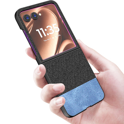 Mobizang Soft Fabric & Leather Hybrid Protective Back Cover for Motorola Razr 50 Ultra | Shockproof Slim Hard Anti Slip Back Case (Black,Blue)