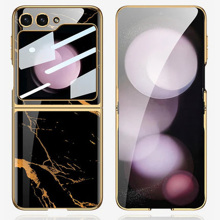 Mobizang 9H Glass Back Case for Samsung Galaxy Z Flip6 / Z Flip 6,Ultra Thin Full Body Protection Folding Hard Back Cover, Black Marble
