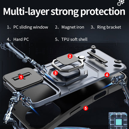 Mobizang Armor Slider Back Cover for Apple iPhone 16 Pro | Inbuilt Ring + Camera Slider Shockproof Lens Protection Bumper Back Case (Blue)